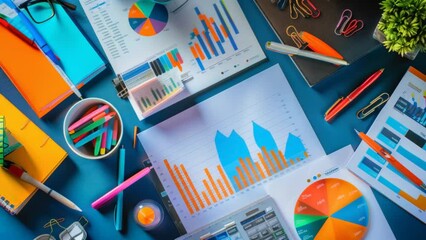 Aufkleber - Colorful office desk with financial charts, graphs, and stationery arranged neatly. Vibrant workspace ideal for data analysis and creative business planning. Perfect for concepts of productivity and o