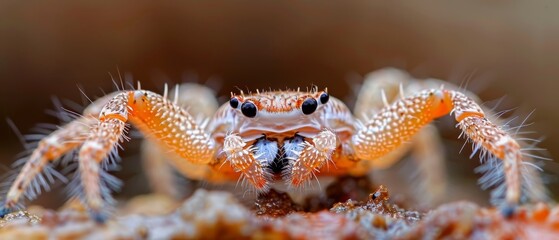 Wall Mural -  A tight shot of a solitary small orange spider on a wood plank, surrounded by other tiny orange spiders in the backdrop