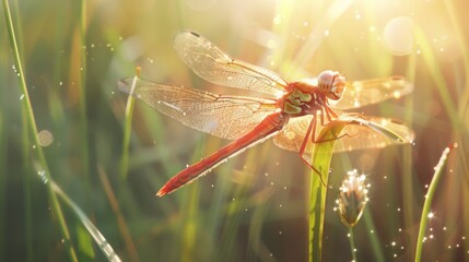 Poster - Close-up of a dragonfly resting on a blade of grass, wings shimmering in the sunlight
