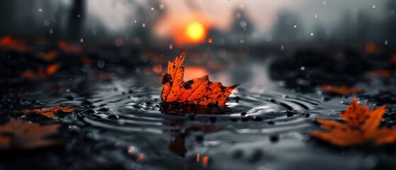 Wall Mural -  A leaf floats in a sunlit puddle, backdrop of setting sun Raindrops dot the ground