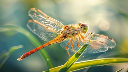 Poster - Close-up of a dragonfly resting on a blade of grass, wings shimmering in the sunlight