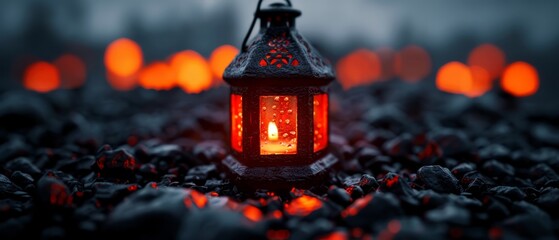 Wall Mural -  A lit lantern sits in the midst of a rocky, gravel field against a backdrop of brilliant red lights