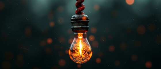 Canvas Print -  A light bulb with a rope attached to its bottom, suspending a glowing bulb at the other end