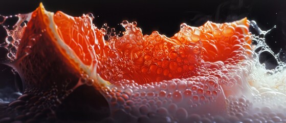 Wall Mural -  A tight shot of an orange slice, showcasing water droplets atop and pooled below
