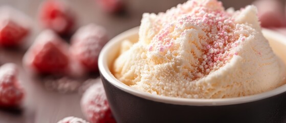 Sticker -  A table holds a scoop of ice cream in a cup, adorned with pink and white sprinkles Nearby, red raspberries wait