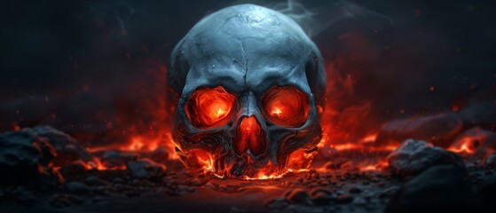 Wall Mural -  A tight shot of a skull, its eyes glowing red, situated in a shadowy space Nearby, there are jagged rocks and bubbling lava in the foreground