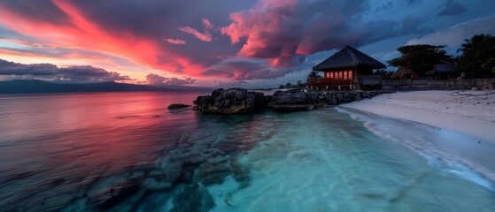 Wall Mural -  A stunning sunset graces the ocean, with a hut perched atop a rocky outcropping amidst the water