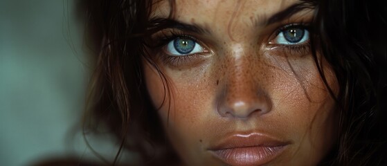 Wall Mural -  A tight shot of a woman's face, adorned with freckles on her hair and blue eyes dotted with the same