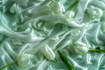 Canvas Print - Elegant White Tulips on Soft Mint Green Silk Fabric Background