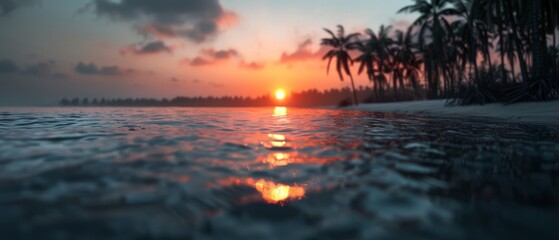 Wall Mural -  Sunset over water with palm trees flanking its shores, sun at a distance