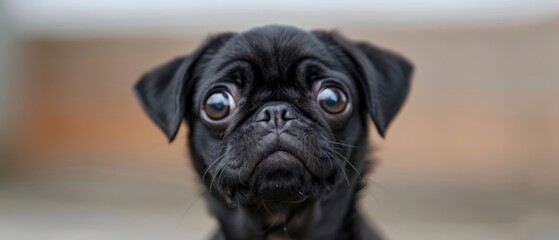 Wall Mural -  A black Pug with a sad expression, focus on its face; background softly blurred