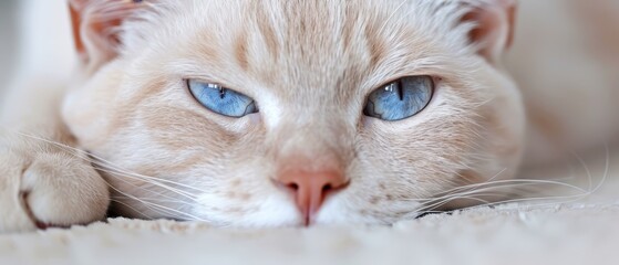 Wall Mural -  A tight shot of a white cat with blue eyes atop a pristine blanket Its head reclines on a cushioned pillow