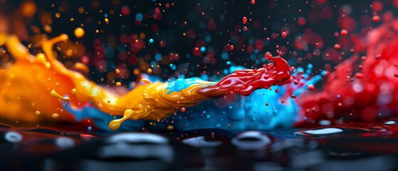 Wall Mural -  A red, yellow, and blue object floats on a body of water, surrounded by droplets