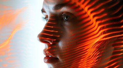 Poster - Abstract close-up of a woman's face with dynamic orange light patterns across her skin, creating a futuristic and artistic visual effect.