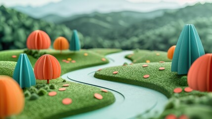 Whimsical paper art scene featuring a winding river through a lush green landscape with orange and blue abstract trees, evoking a playful and imaginative atmosphere.