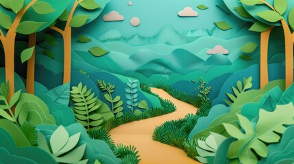 Serene paper art scene depicting a forest with tall trees and a winding river, crafted in shades of blue and green, evoking tranquility and the beauty of the natural landscape.