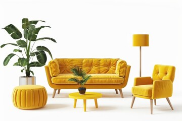 modern yellow furniture collection including sofa chair planter table and lamp isolated on white background 3d illustration