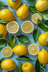 Wall Mural - Bright Yellow Lemons and Fresh Green Leaves on a Light Blue Background