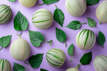 Wall Mural - Fresh Cantaloupe Melons and Green Leaves on Pop Art Pastel Purple Background