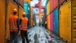 © BMMP Studio - Logistics professionals working in a container yard, directing operations and ensuring safety amidst rows of vibrant shipping containers.