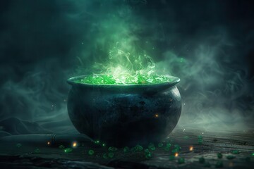 mysterious glowing green potion in cauldron dark foggy fantasy background