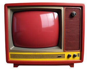 Old red and yellow television in poor condition with red screen Isolated on transparent background