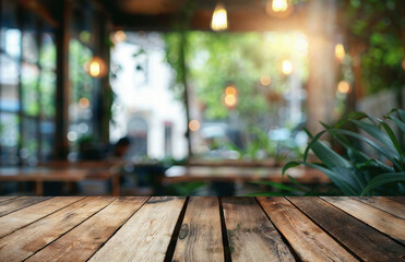 Wall Mural - Empty wooden tabletop with a blurred background of a cafe and restaurant