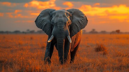 Artistic rendering of a majestic elephant in a savannah sunset, symbolizing wildlife conservation efforts. , Minimalism,