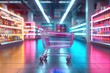 © Bijac - neon colored shopping cart in modern grocery store with copy space retail background 3d illustration