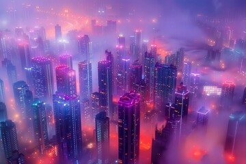 Wall Mural - neon nights glowing skyscrapers illuminating modern metropolis vibrant cityscape aerial view architectural photography