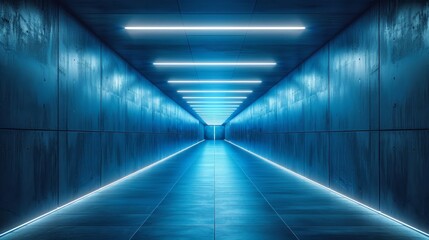 Wall Mural - A long, narrow, blue tunnel with lights on the ceiling