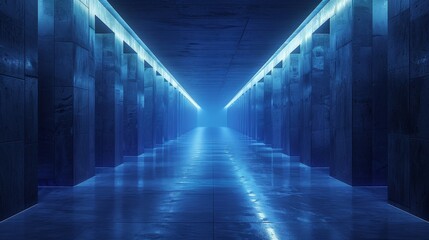 Wall Mural - A long, narrow hallway with blue walls and a blue ceiling
