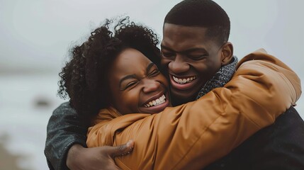 Happy couple embracing and smiling at the beach, showcasing love and joy. Perfect for relationship, happiness, and lifestyle themes.