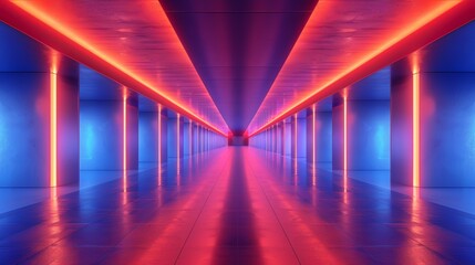 Wall Mural - A long, narrow hallway with red and blue lights