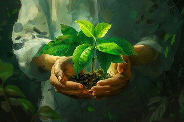 Poster - nurturing hands holding vibrant green sapling environmental conservation concept digital painting