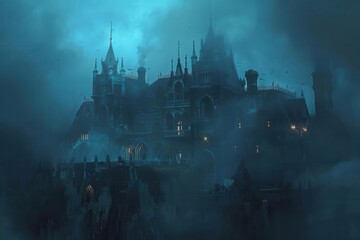 Wall Mural - ominous mist enveloping haunted mansion eerie halloween attraction concept illustration