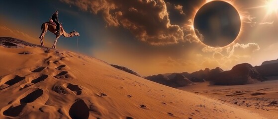 AI generator image of Man riding a camel on top of a desert mountain clear footprints And in the background there is a solar eclipse in the sky.Wide viewing angle, panorama