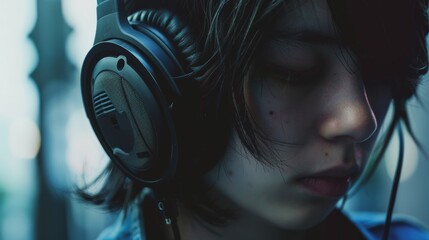 Wall Mural - Close-up of a person wearing headphones, focusing on the headphones and their relaxed expression