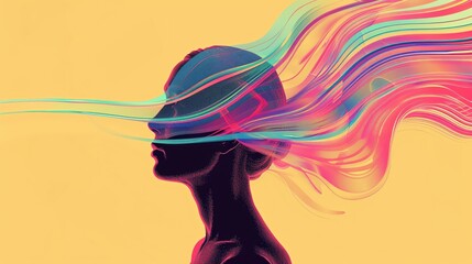Poster - Vibrant digital art of a woman's silhouette with colorful, flowing lines representing abstract thoughts, set against a warm yellow background.