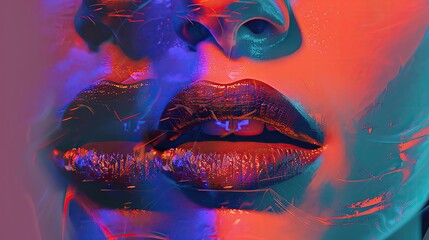 Poster - Vibrant digital artwork showcasing colorful abstract close-up of lips with neon lighting. Perfect for modern art, design, and fashion projects.