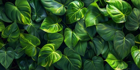 Wall Mural - Green leaves of a philodendron plant. Nature leaves, green tropical forest, background concept, top view. Generative ai