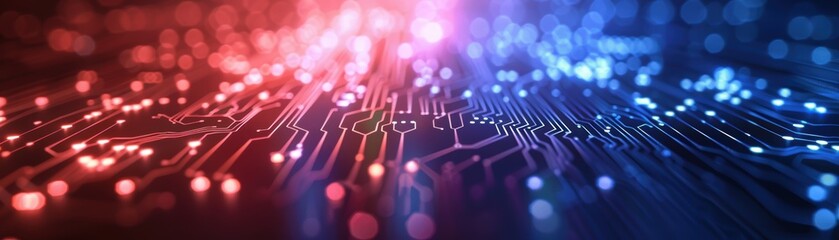 Poster - Abstract close-up of circuit board with red and blue lights, representing technology and innovation in electronics and computing.