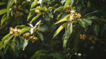 Poster - Mango blossoms shine in sunlight against dark tree backdrop