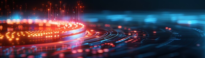 Poster - Futuristic digital landscape with glowing circuits and vibrant lights, symbolizing advanced technology, innovation, and high-tech infrastructure.