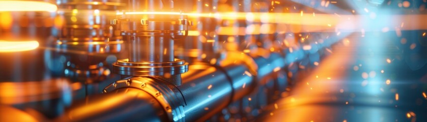 Aufkleber - Industrial machinery with blue and orange lighting, showcasing advanced technology and engineering in a factory setting.