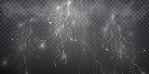 Poster - Light white isolated vector lightning png. Realistic natural lightning effectThunderstorm. Strength Energy charge Thunder. Blitz Lightning Thunder Light Sparks Storm Flash
