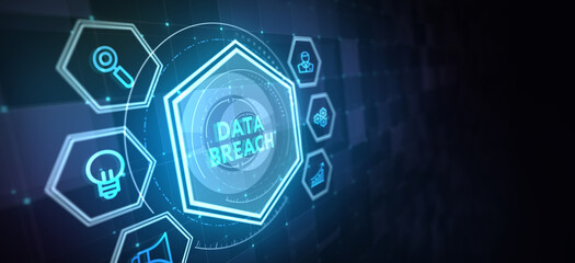 Digital business and technology concept, virtual screen showing DATA BREACH. 3d illustration