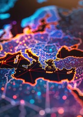 Poster - Colorful digital map of Europe and the Mediterranean region highlighting network connections and data points, emphasizing technology and connectivity.