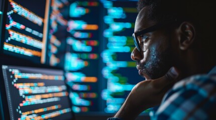 Poster - Cybersecurity expert analyzing code on a computer screen
