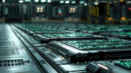 Poster - A close-up shot of multiple rows of glowing circuit boards in a futuristic data center
